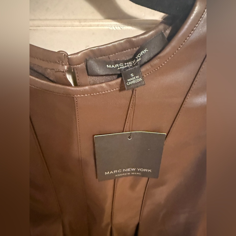 Marc New York Faux Brown Leather Puff Sleeve Top - Picture 3 of 7